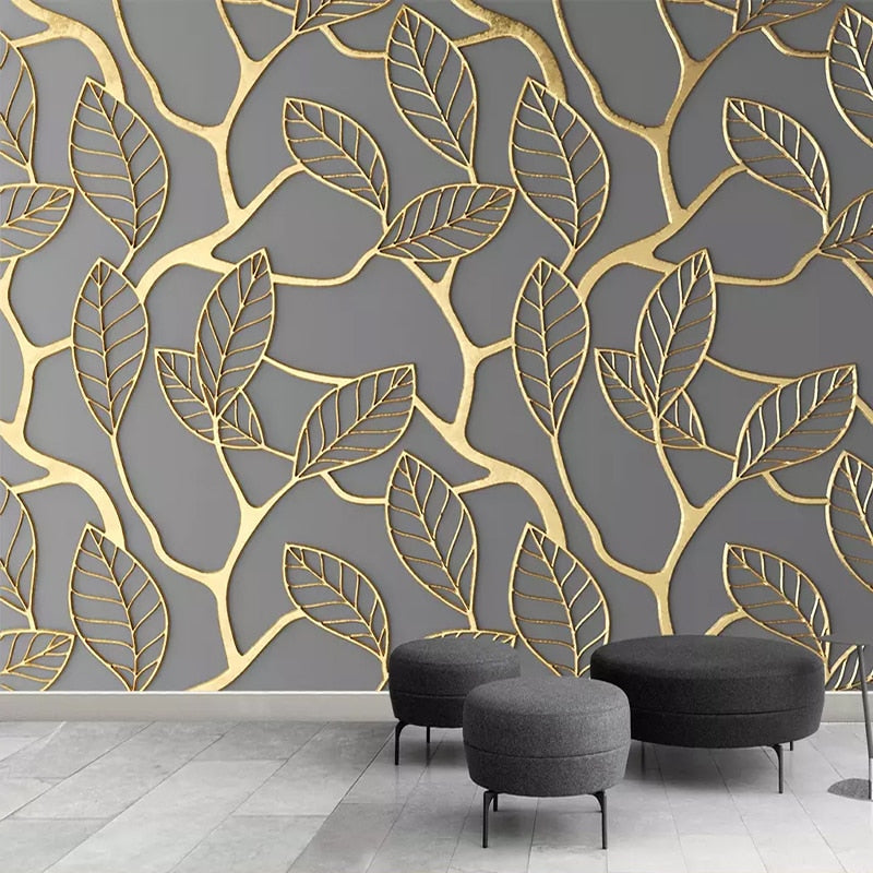 3D Wallpaper Golden Tree Leaves for Accent Wall