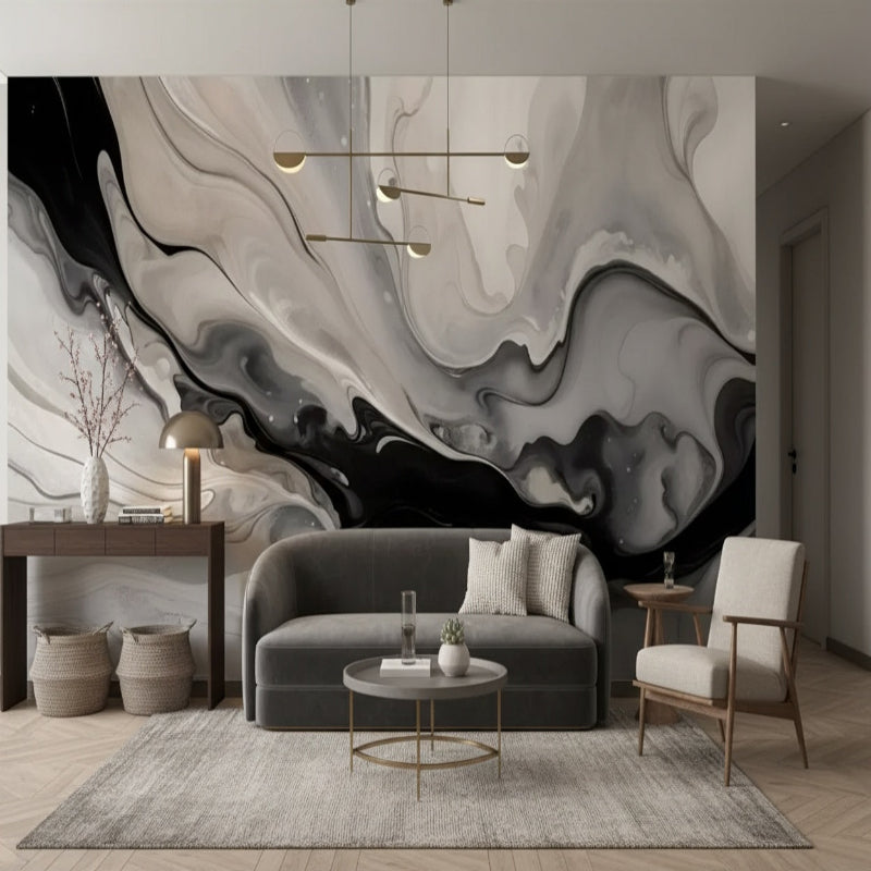 3D Wallpaper Monochrome Marble Waves