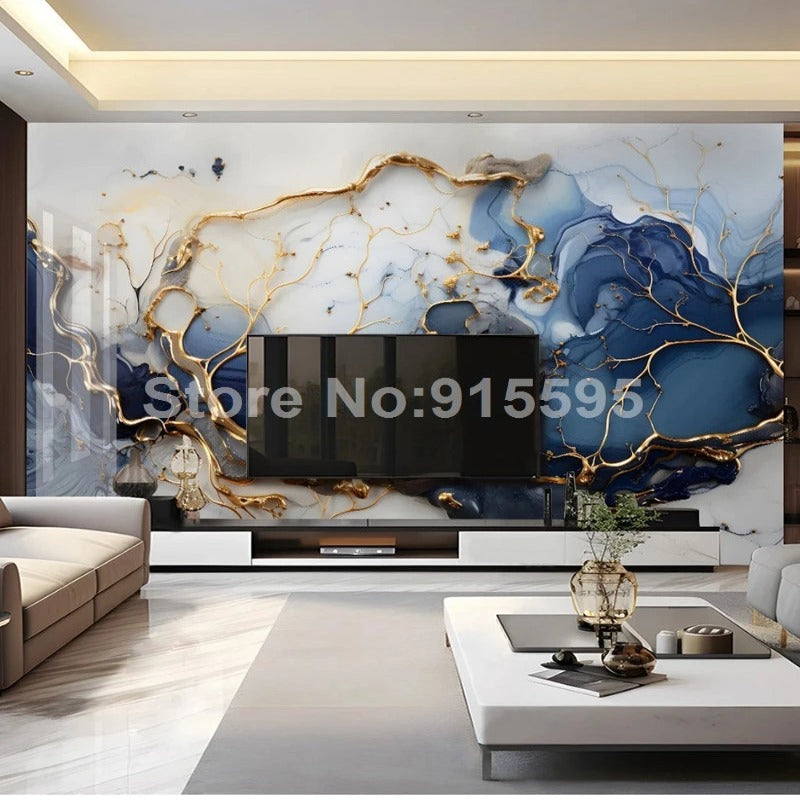 Modern Marble Golden Blue 3D Wallpaper