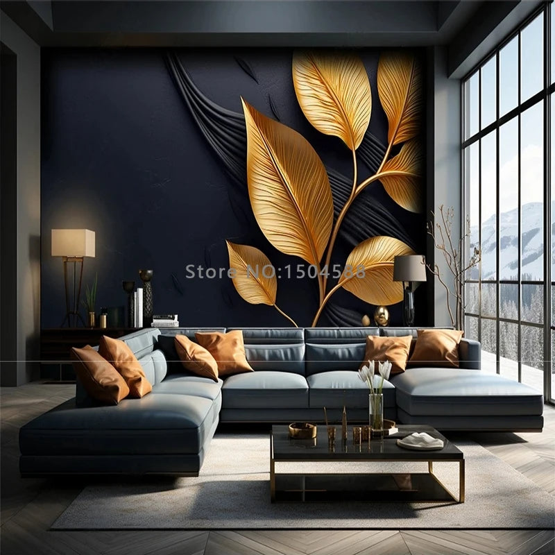 3D Wallpaper Nordic Gold & Black Leaves