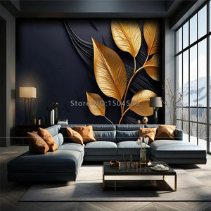 Nordic Golden Leaves with black Background 3D Wallpaper SKU# WAL0434