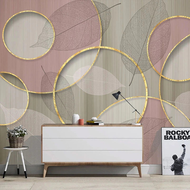 3D Wallpaper Stereo Golden Circle Transparent Leaves Pink Background Wall Decor