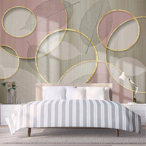 3D Wallpaper Stereo Golden Circle Transparent Leaves Pink Background Wall Décor for Bedroom