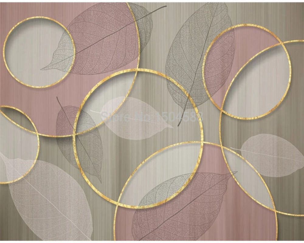 3D Wallpaper Stereo Golden Circle Transparent Leaves Pink Background Wall Décor