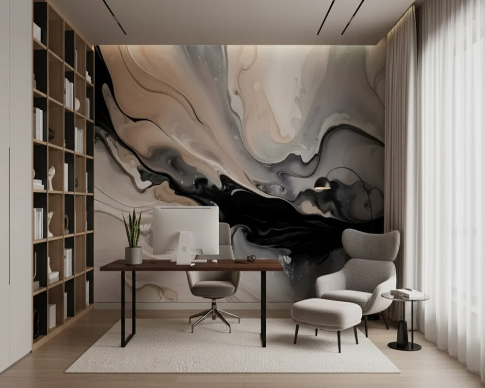 3D Wallpaper Monochrome Marble Waves