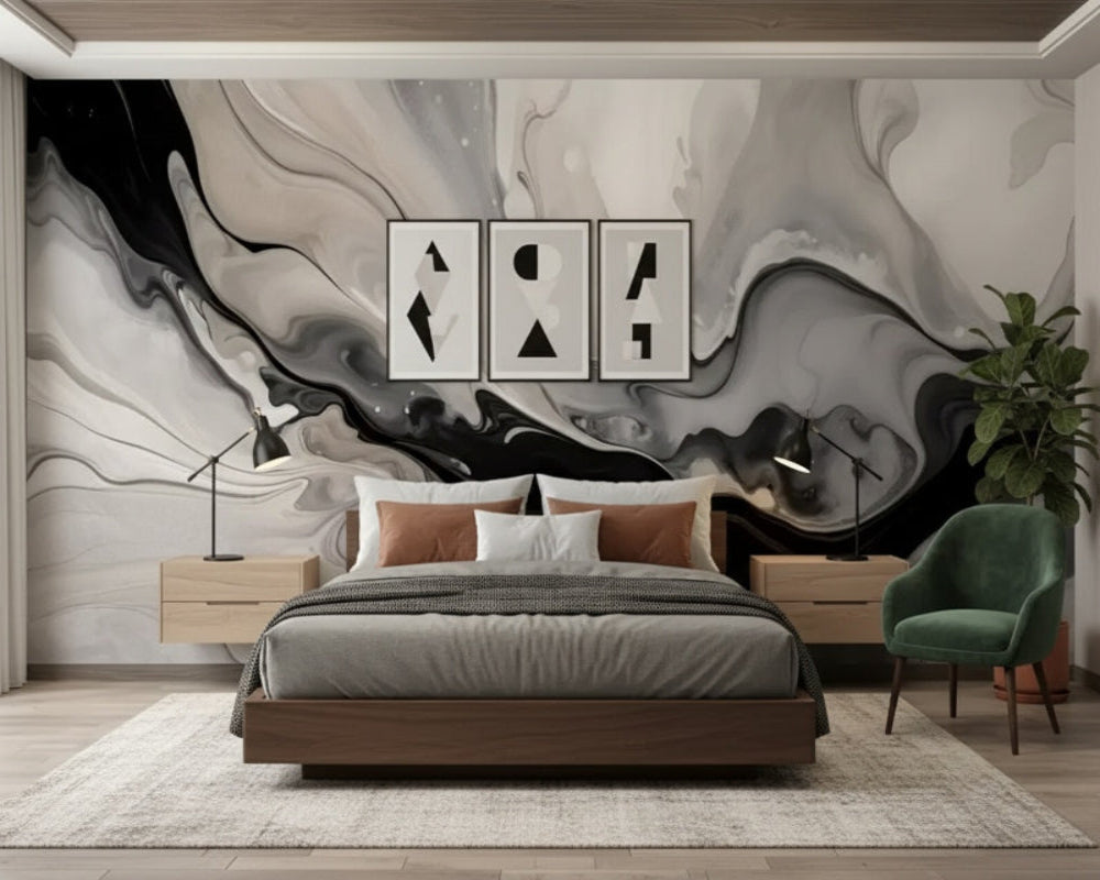 3D Wallpaper Monochrome Marble Waves