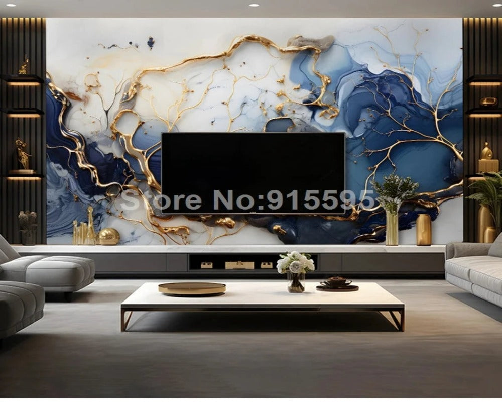 Modern Marble Golden Blue 3D Wallpaper