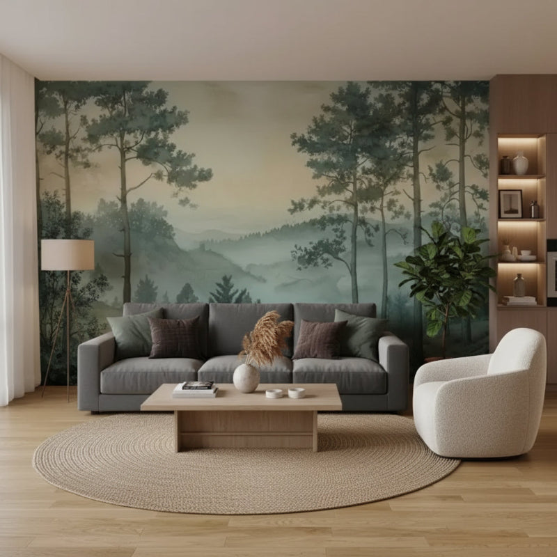 3D Wallpaper Misty Pine Forest Panorama 