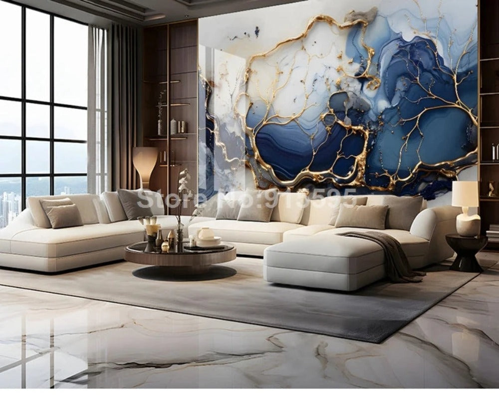 Modern Marble Golden Blue 3D Wallpaper