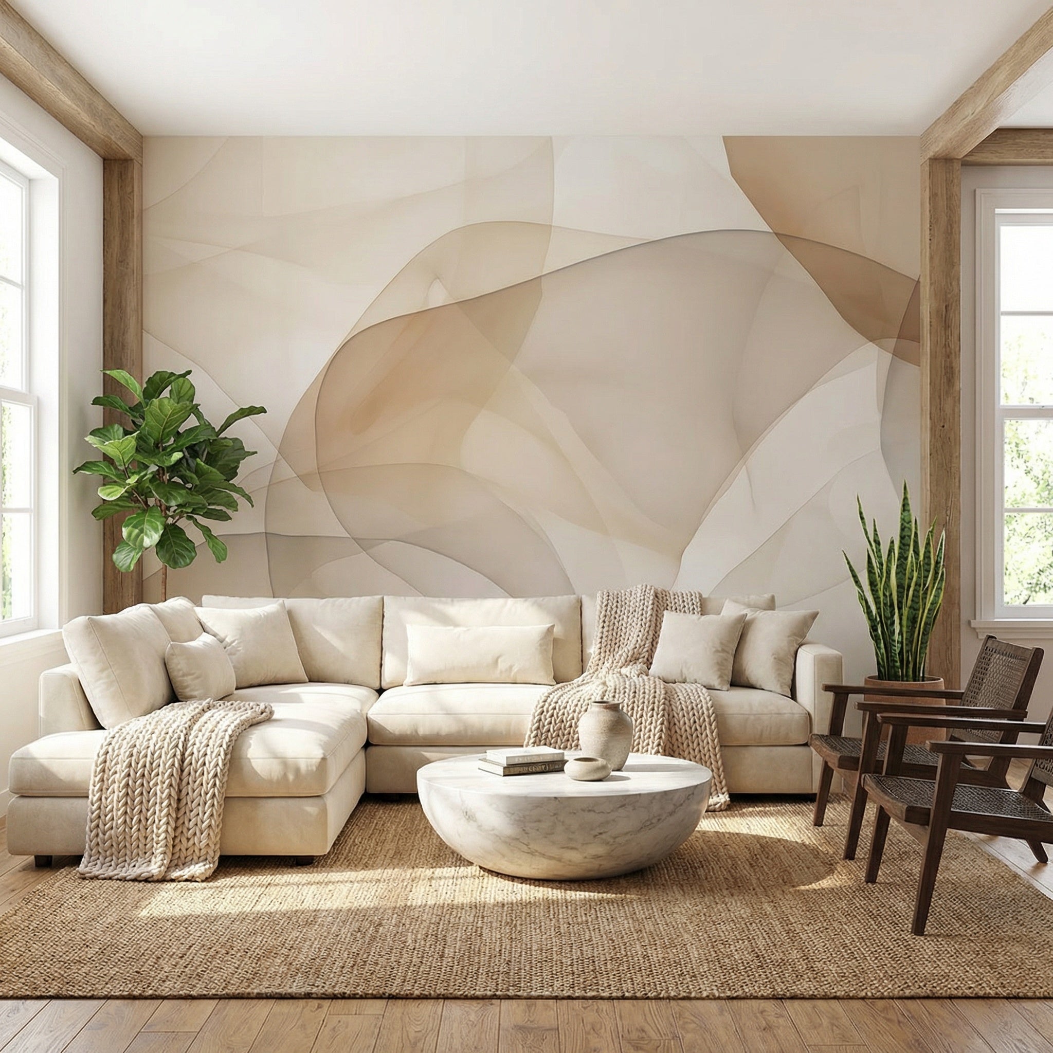 Elevate your space with 3D Soft Harmony Layers wallpaper, blending soft beige tones and fluid abstract forms for a refined and contemporary look.
