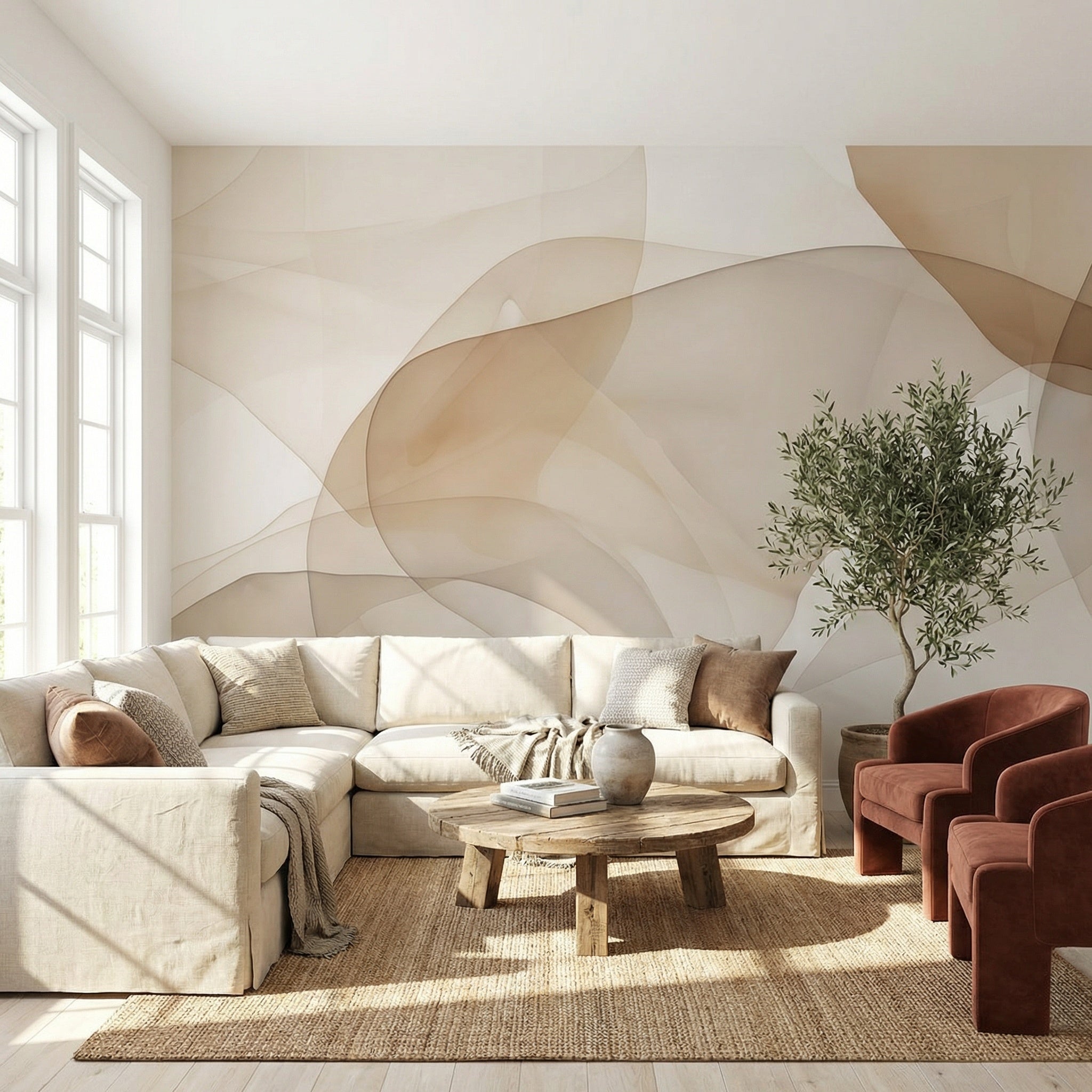 Elevate your space with 3D Soft Harmony Layers wallpaper, blending soft beige tones and fluid abstract forms for a refined and contemporary look.
