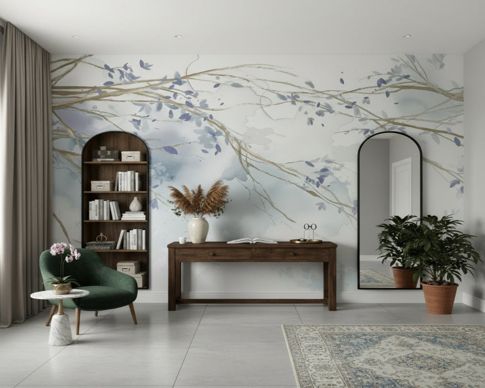 3D Wallpaper Minimalist Blue Floral