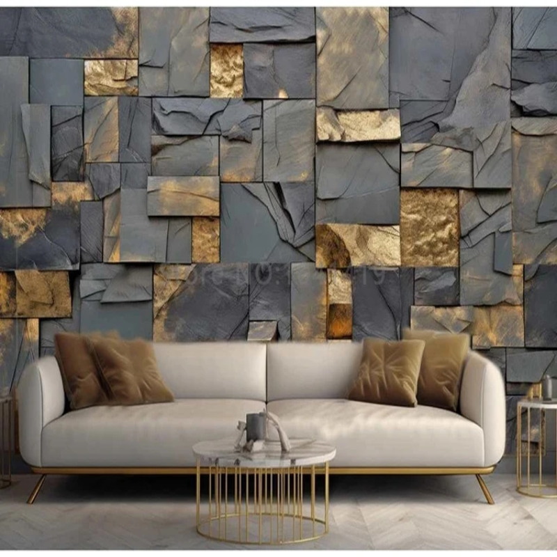 3D Wallpaper Gold and Gray Brick