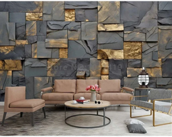 3D Wallpaper Gold and Gray Brick