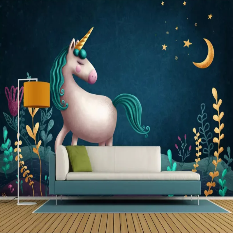 3D Wallpaper Blue Unicorn for Nursery SKU# WAL0515