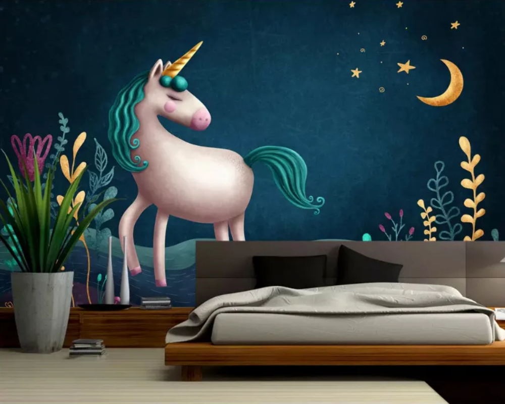 3D Wallpaper Blue Unicorn for Nursery SKU# WAL0515