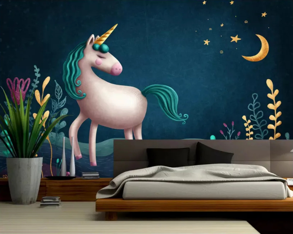 3D Wallpaper Blue Unicorn for Nursery