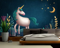 3D Wallpaper Blue Unicorn for Nursery SKU# WAL0515