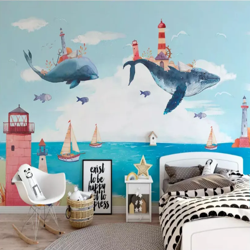 3D Wallpaper Happy Blue Whales SKU# WAL0516