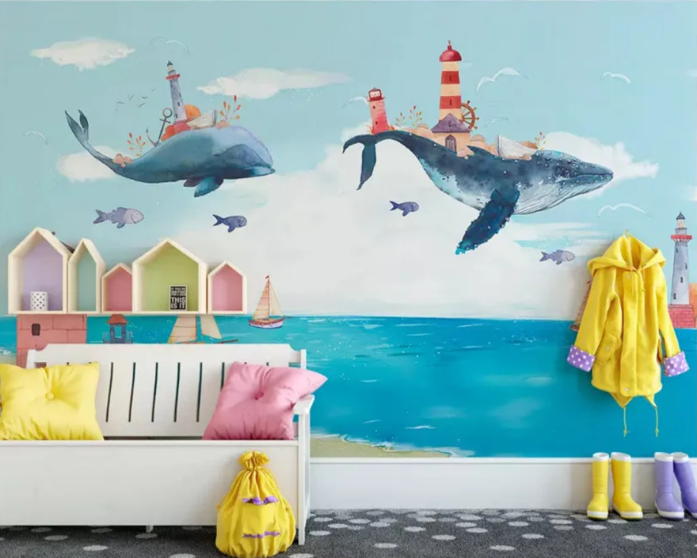 3D Wallpaper Happy Blue Whales 