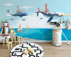 3D Wallpaper Happy Blue Whales SKU# WAL0516