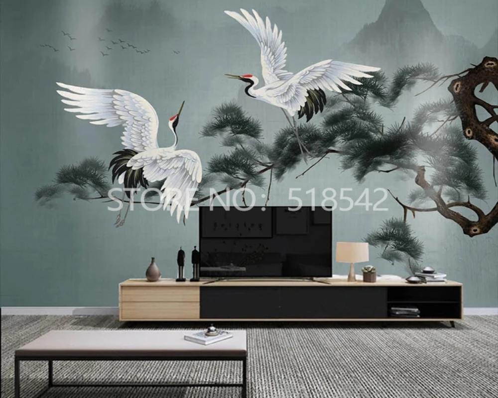 3D Wallpaper Flying Chinese Cranes 