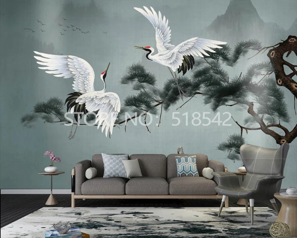 3D Wallpaper Flying Chinese Cranes 