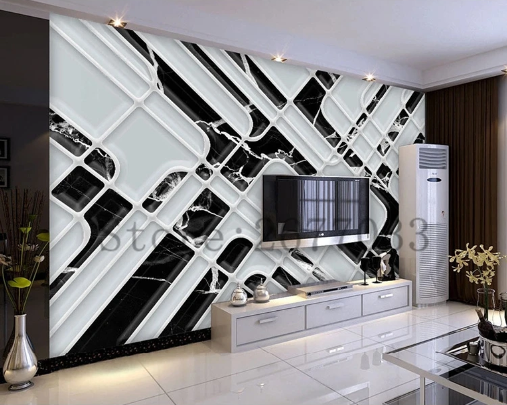 3D Wallpaper Monochrome Marble Geometry SKU# WAL0751