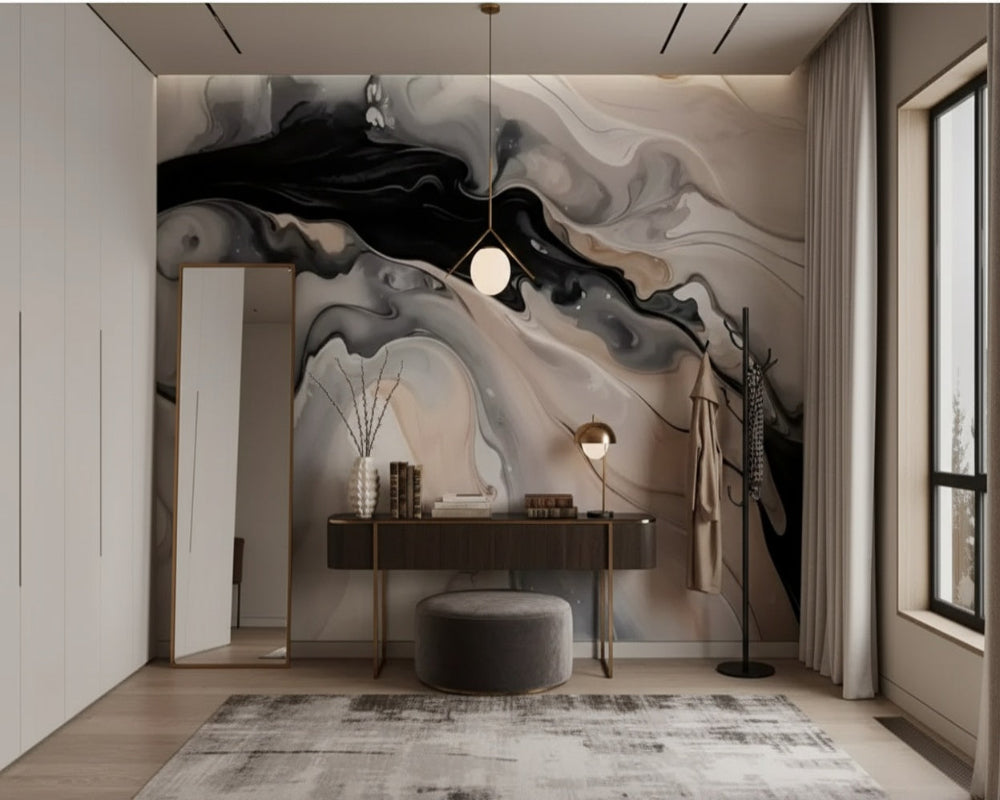 3D Wallpaper Monochrome Marble Waves