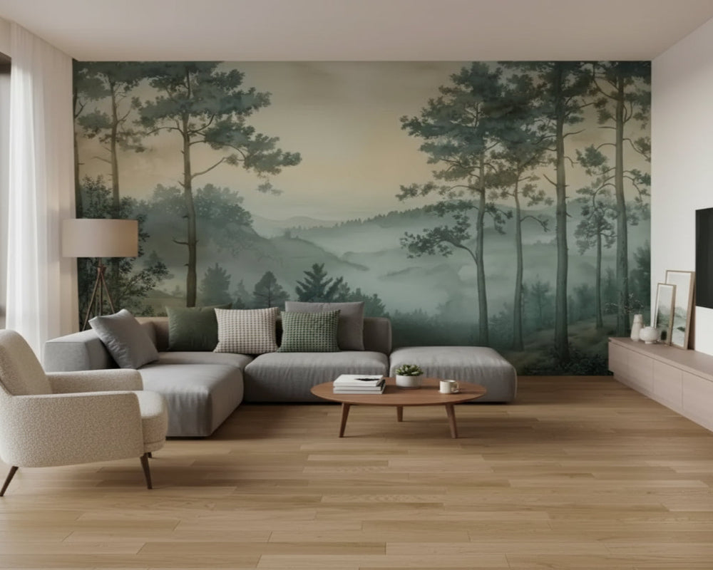 3D Wallpaper Misty Pine Forest Panorama 