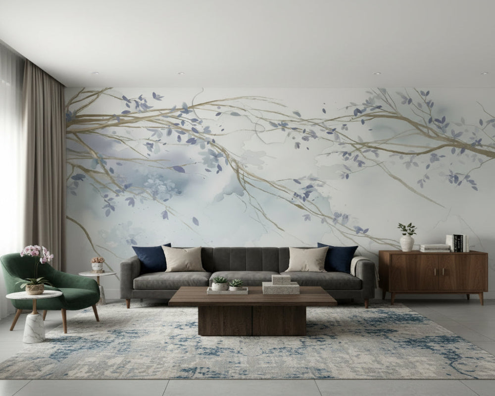 3D Wallpaper Minimalist Blue Floral