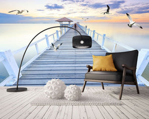 Ocean View 3D Wallpaper Sunset Wood Bridge for Accent Wall