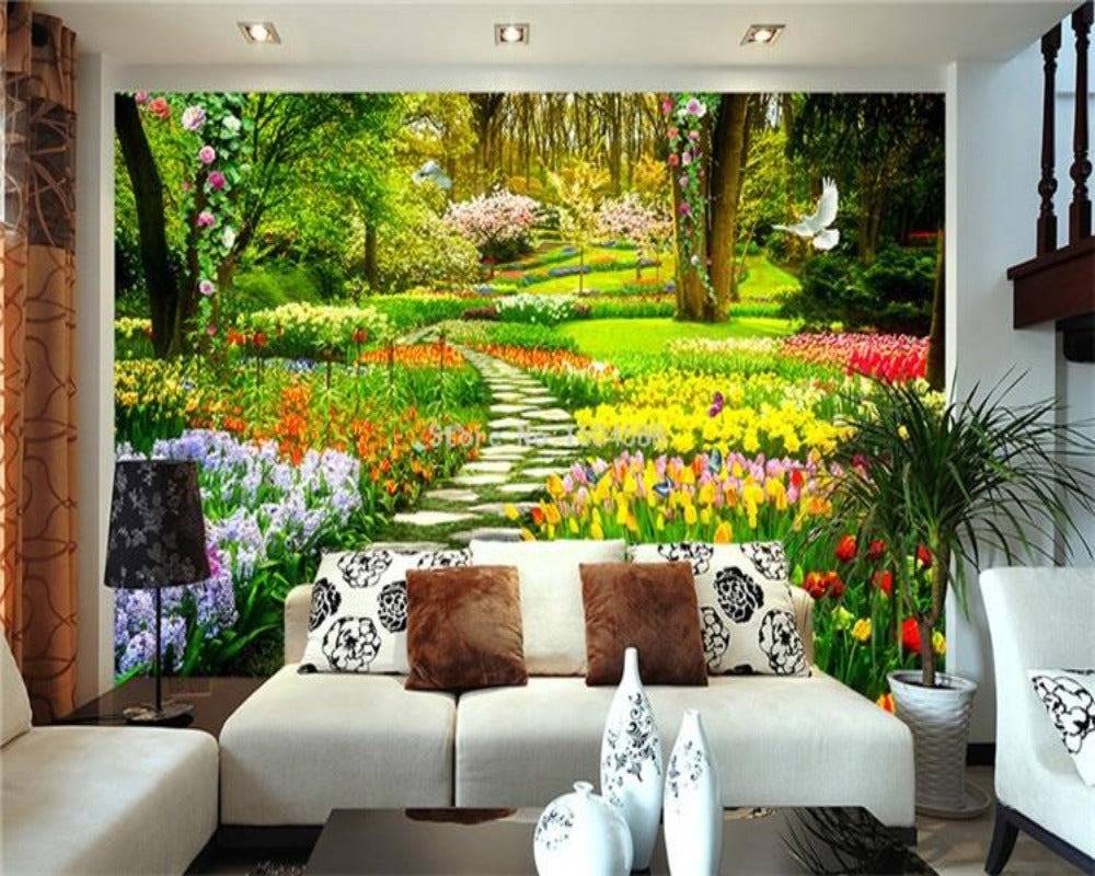 3D Wallpaper Flower Garden Path 