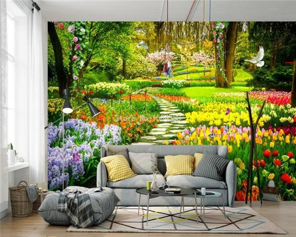 3D Wallpaper Flower Garden Path 