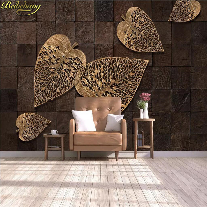 3D Wallpaper Wood Golden Leaves 