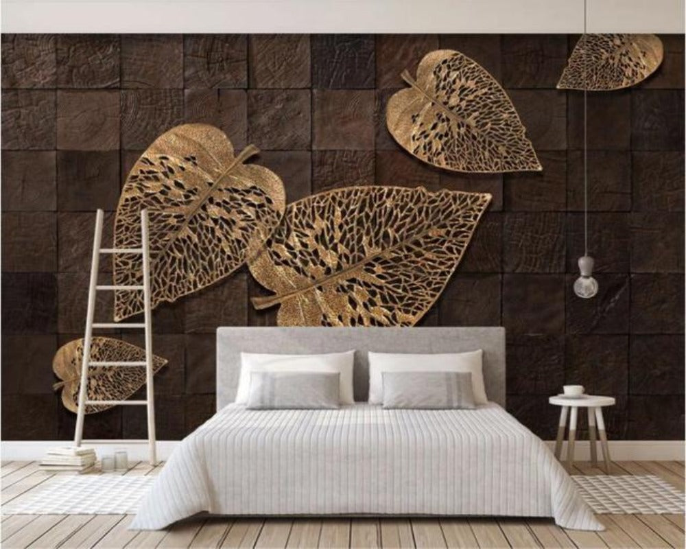 3D Wallpaper Wood Golden Leaves 