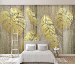 3D Wallpaper Wood Golden Leaves 