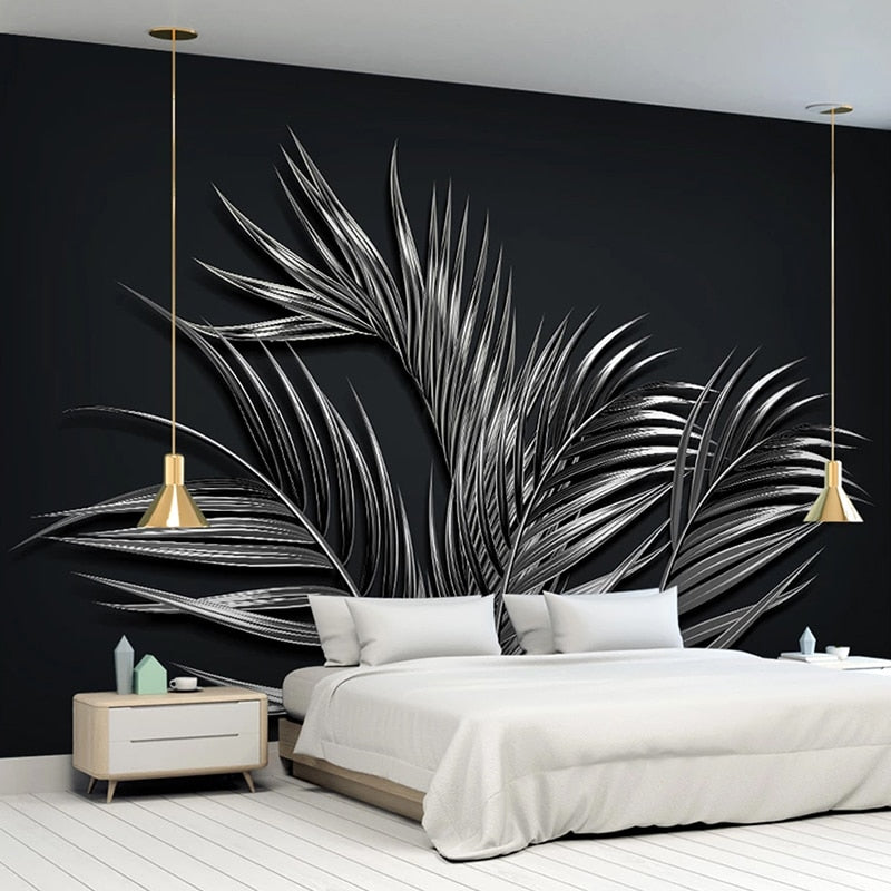 3D Wallpaper Black Tropical Steel Leaf SKU# WAL0310