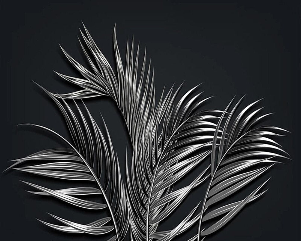 3D Wallpaper Black Tropical Steel Leaf SKU# WAL0310