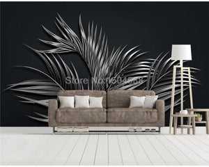 3D Wallpaper Black Tropical Steel Leaf SKU# WAL0310
