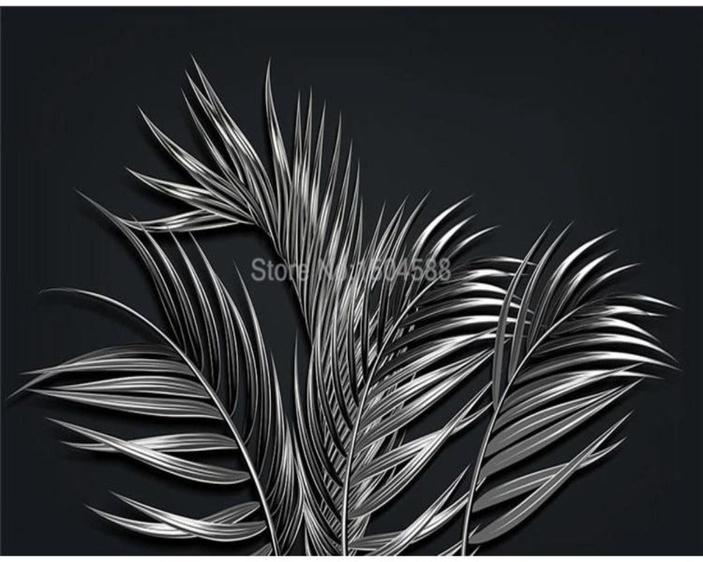 3D Wallpaper Black Tropical Steel Leaf SKU# WAL0310