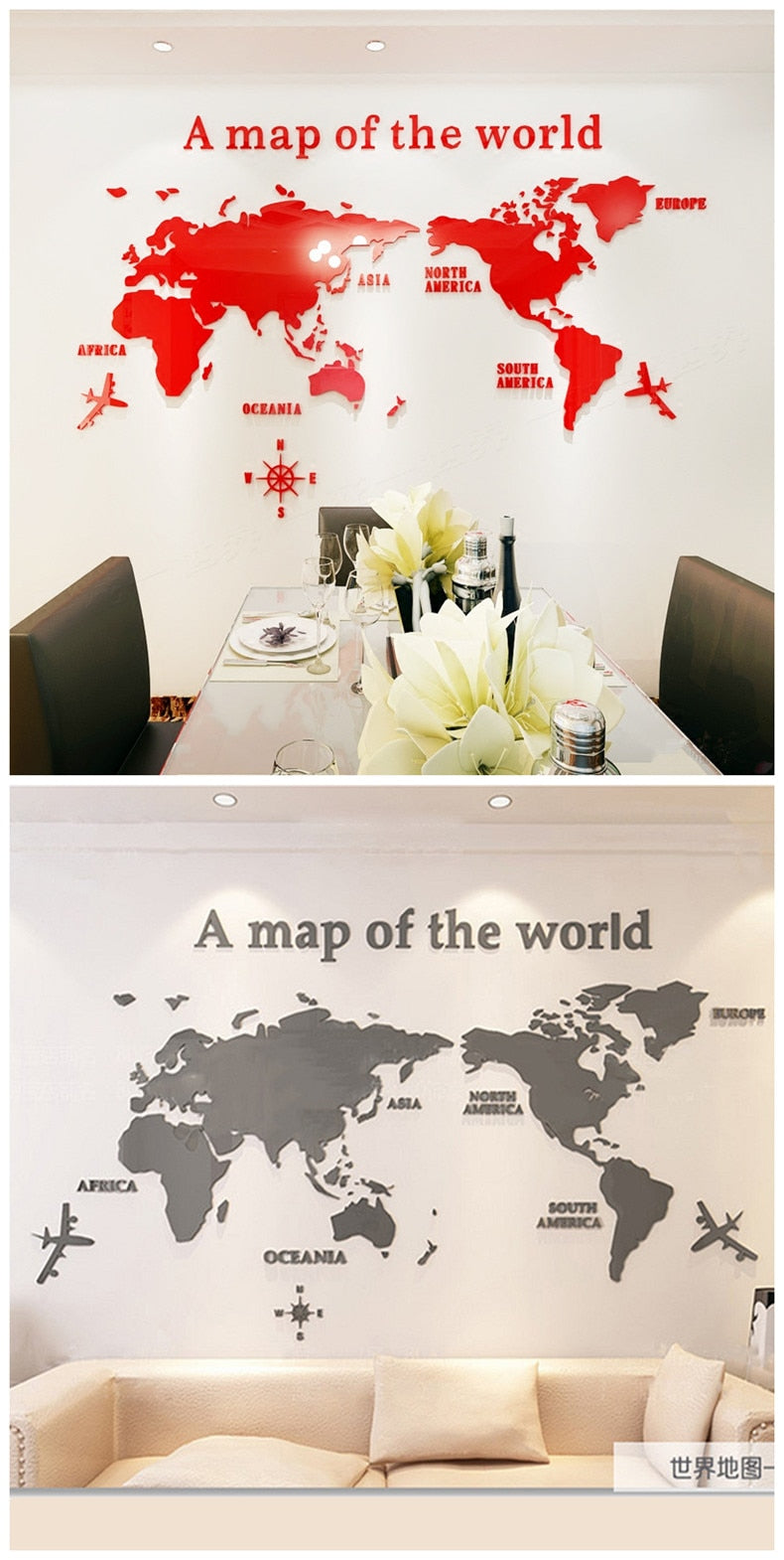 Mirror Wall Art World Map Decal Mural SKU# MOS0030