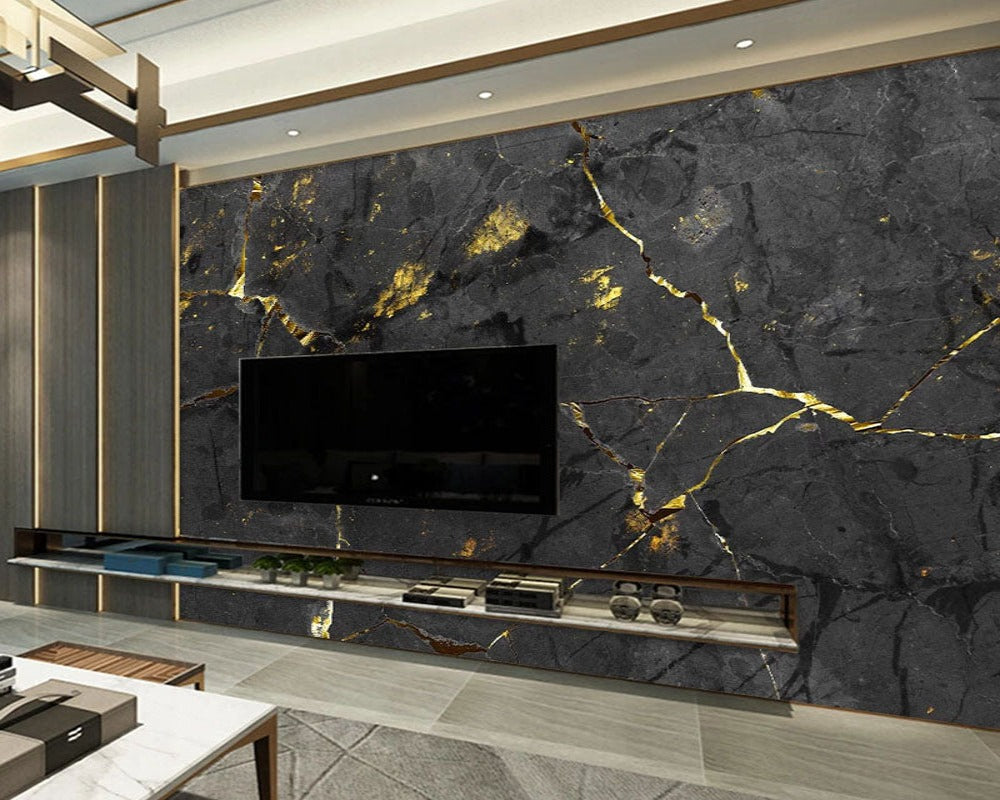 3D Wallpaper Black Golden Marble