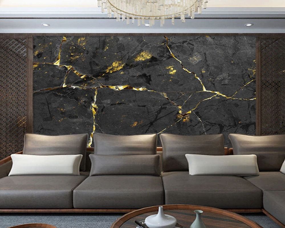 3D Wallpaper Black Golden Marble