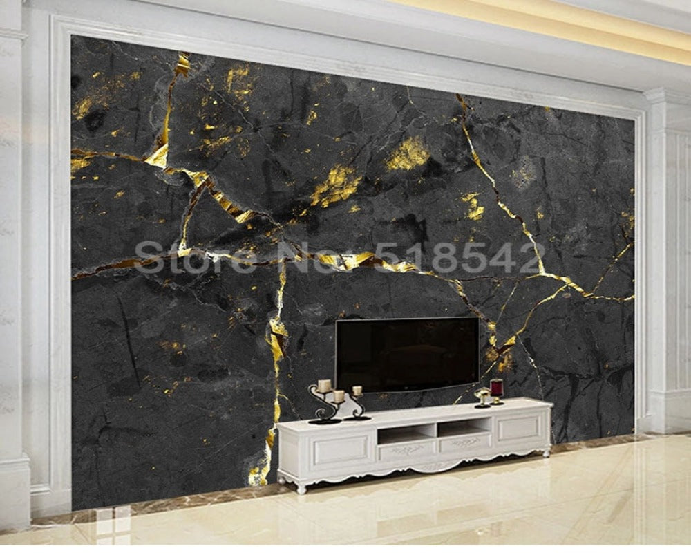 3D Wallpaper Black Golden Marble