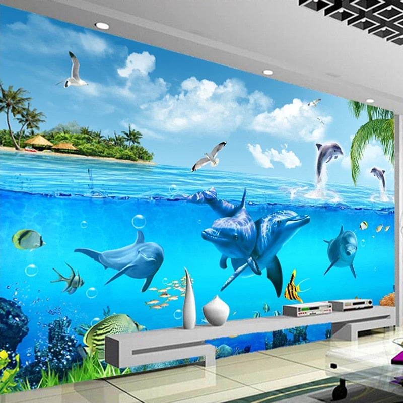 3D Aquarium Glass View Turtles Dophins Entire Room Wallpaper Wall Mura –  IDecoRoom