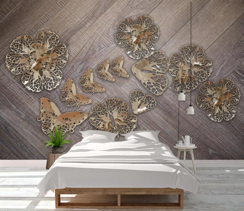 3D Wallpaper Wood Golden Leaves 