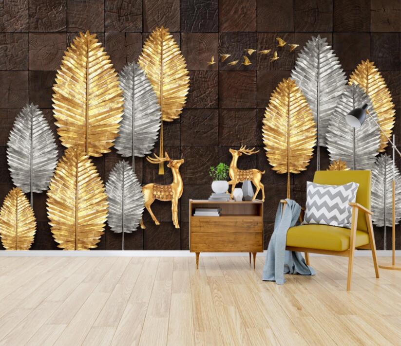 3D Wallpaper Wood Golden Leaves 