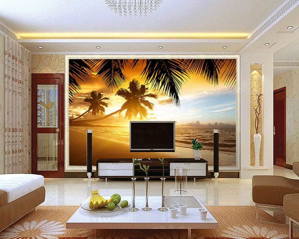 3D Wallpaper Sunset Glow Coconut Sea SKU# WAL0276