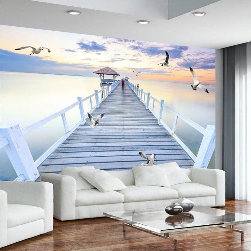 3D Wallpaper Sunset Wood Bridge for Wall Covering
